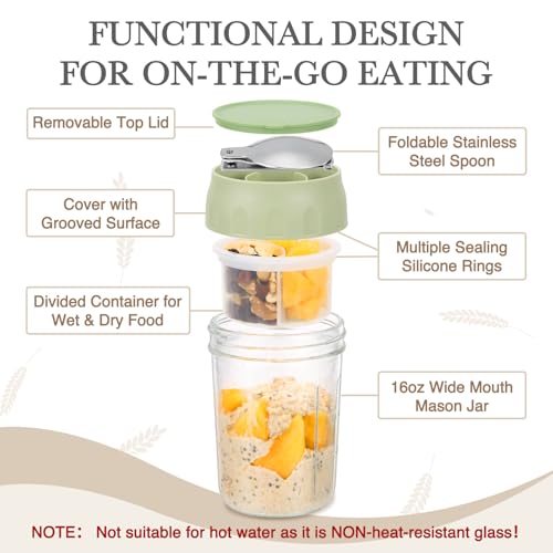 Image of SOLIGT 2 Pack Overnight Oats Containers with Lids (White /Organic Green) | Folding Spoons and Divided Compartments for Fruit&Nuts, Small Glass 16oz Mason Jars for Oatmeal Yogurt Parfait