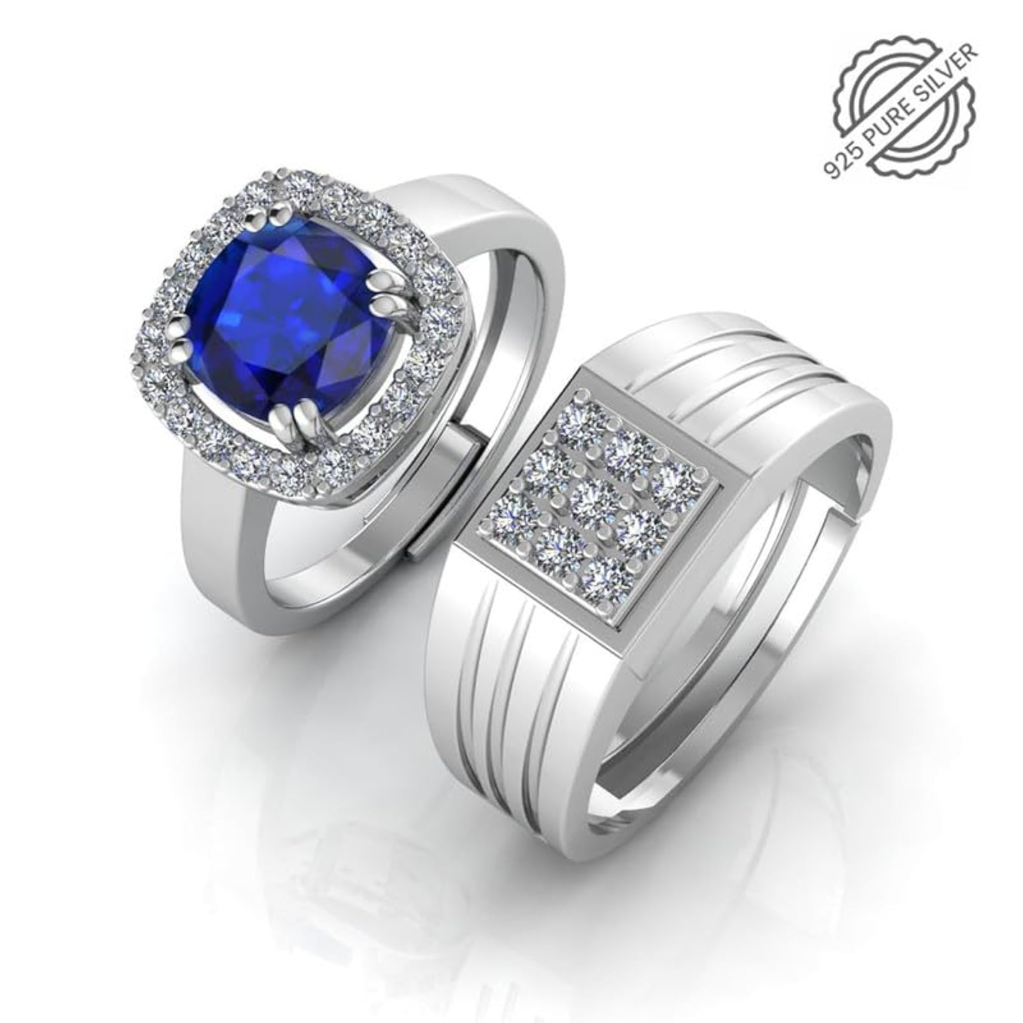 925 Pure Silver Adjustable Rings for Couple, Rhodium Plated