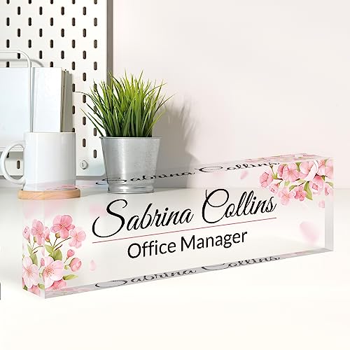 Image of Name Plate for Desk, Desk Name Plate Personalized, Pink Office Decor for Women Men, Acrylic Desktop Accessories, Office Gifts for Boss Nurse Teacher Coworker, Employee Appreciation Gift (Flowers A)