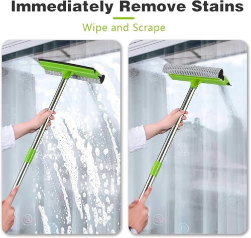 Image of 2-in-1 Window Squeegee with 30 inch-59 inch Stainless Steel Adjustable Handle - Glass Cleaner for Shower Doors, Car Windshield & High Outdoor Windows (Green)