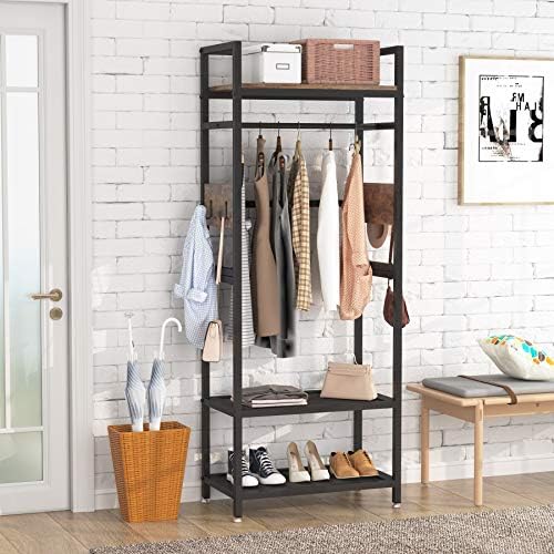 Tribesigns Industrial Hall Tree, Entryway Coat Rack with Shoe Storage Shelf and Hooks, Freestanding Closet Organizer Clothes Rack, Closet Garments Shelf for Hallway, Bedroom(Rustic Brown)