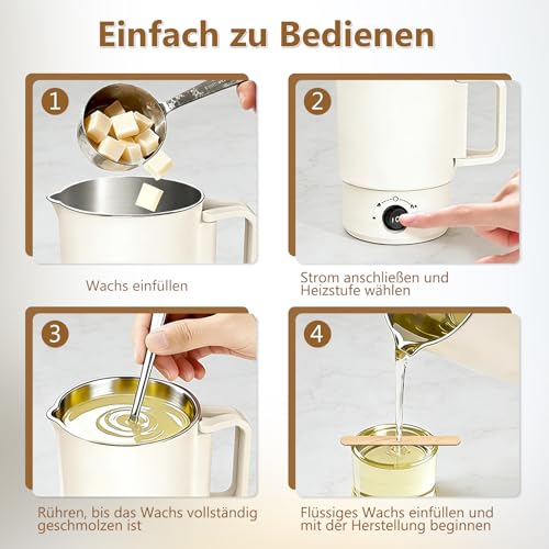 FDOUIGE Elektrischer Wachsschmelzer 800ml für Kerzenherstellung – Komplettes Kerzen Selber Machen Set mit Thermometer, Dochte, Dochthalter, Aufkleber & Rührlöffel