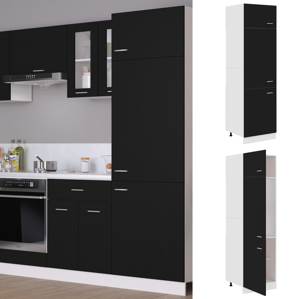 Armadietto per frigorifero Lyon, nero, 60 x 57 x 207 cm, in legno con tre ante e quattro ripiani, design semplice per più spazio in cucina