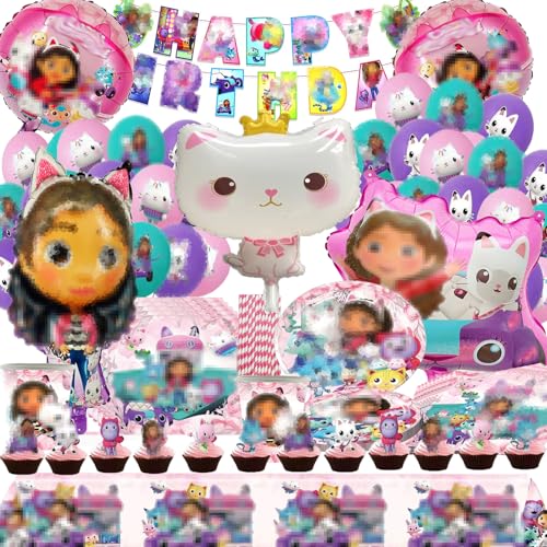 Bemoseng 101 PCS Kit Compleanno Babby Chat, Decorazioni dei Personaggi dei Cartoni Animati, Anime Palloncini, Stoviglie C-Compleanno Baby Cartone, Torta