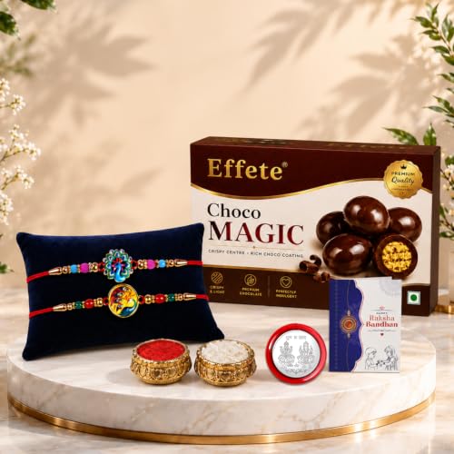 Image of Oblivion Rakhi with Chocolate for Brother - Multicolor Peacock Design Rakhi 2 Pcs with Chocolate (32g) with Silver Color Pooja Coin, Greeting Card & Tilak Set - Raksha Bandhan Combo (K2 1894+1910 CM32)