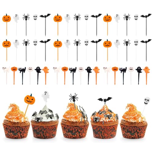 KEWUF 48 PCS Halloween Palillos de Dientes, Palillos para Niños Frutas, Mini Tenedores Infantiles Reutilizables de Frutas, Halloween Niños de Dibujos Animados Para Fruta Niños Tenedor