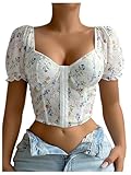SOLY HUX Women's Leopard Print Front Closure Push Up Bustier Corsets Short Sleeve Sweetheart Neck Crop Tops White Floral Large