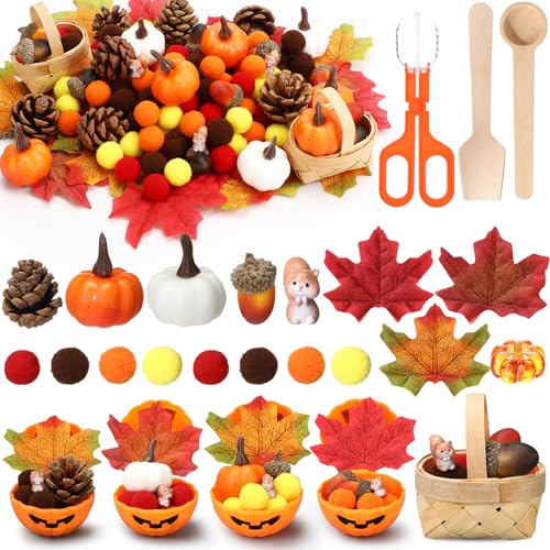 WinnerWhy 320 Pcs Fine Motor Toys Fall Thanksgiving Decorations Sensory Bin Filler Pumpkin Bowls Woven Baskets Pompom Maple Leaves Squirrels Pumpkins Acorns Pine Cones for Autumn Party Decor