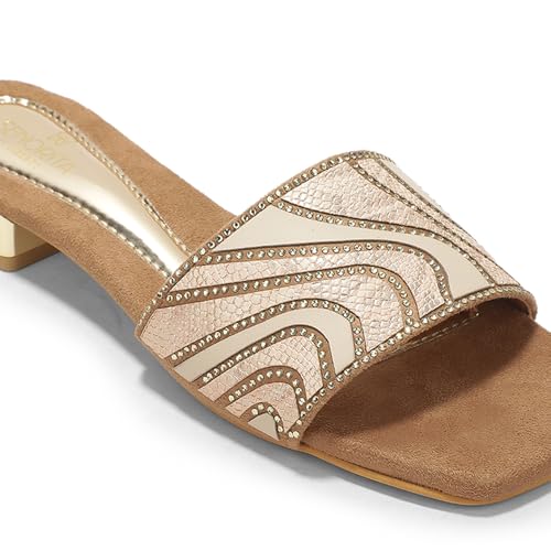 Image of Liberty Senorita STY-153E Sliders for Women - Beige & Black Flat Slip-On Slides | Soft Cushioned Footbed, Lightweight Everyday Fashion Footwear for Casual, College, Office, Festive