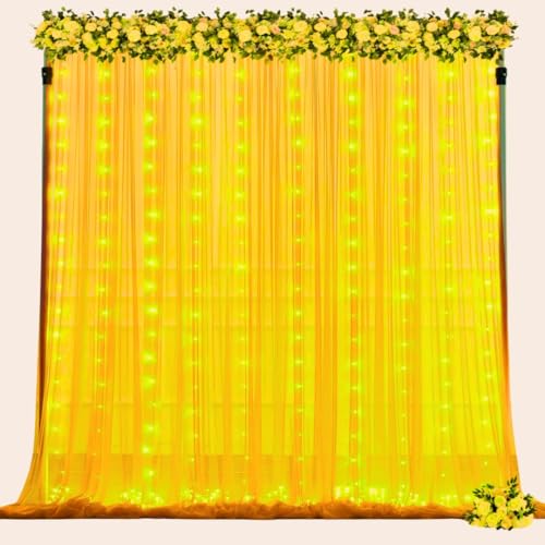 Image of Shimmers 6 Pcs Yellow Curtain Decoration Kit 4x8 Feet Net Backdrop Set with Ribbon Roll, Wall Hooks Ganpati Decoration, Pahoto Booth, Home Decor Setup