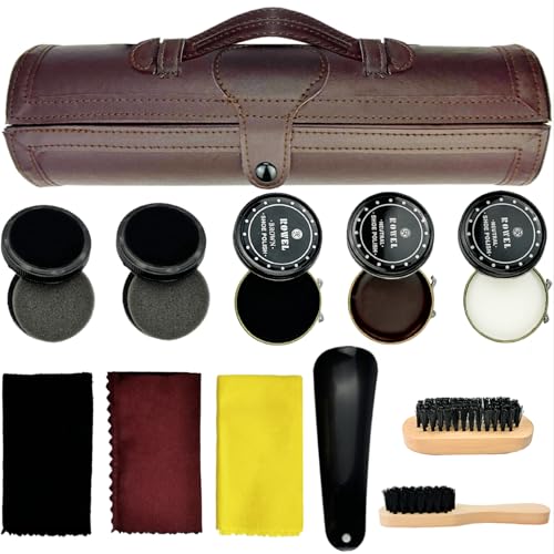 Ylluuoe 12PCS Compact Shoe Polish Kit,Leather Boot Cleaning Shine Care Barrel Set with Horsehair Brush & Wooden Applicator Shine Cloth & Shoe Horn for Brown Black Leather