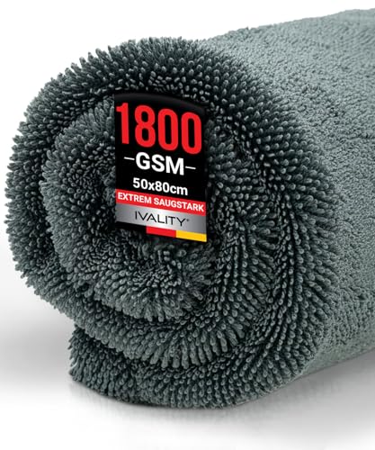 Ivality Auto Trockentuch XXL 80x50 cm 1800 GSM Ultra Saugstarke Mikrofasertücher für Autopflege und Motorrad Fusselfreies Lack-schonendes Twisted Towel Microfasertücher - Grau