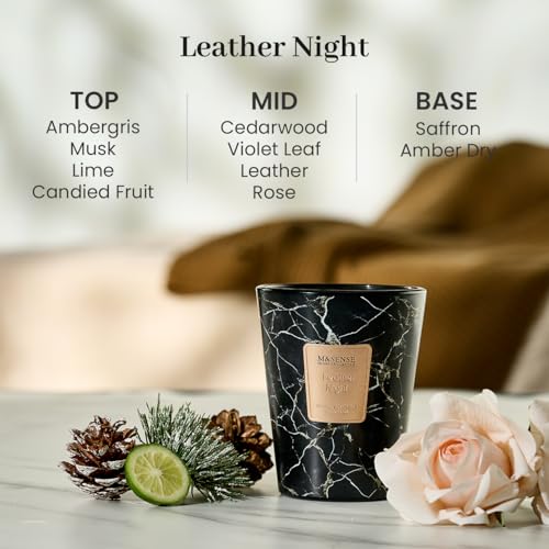 Image of M&SENSE Leather Night Scented Soy Candle, 3 Wick Highly Scented 14.1 Oz 75H, Aromatherapy Christmas Gift for Women and Men