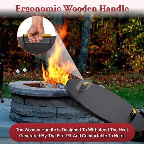 Febtech - Firepit Lid 36\" - Rust Resistant Powder Coated 2MM Thick Carbon Steel Fire Pit Cover Round With 2 Ergonomic Wooden Handles - Compatible for Fire Pit Inside Dia Up to 34\"