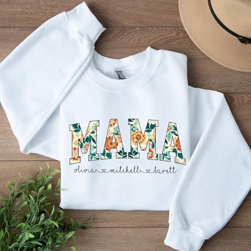Personalized Floral Mama Sweatshirt with Kidnames, Trendy Custom Gift for Mom, Oversized Mama Crewneck Sweater, Customized Grandma Hoodies Multi3