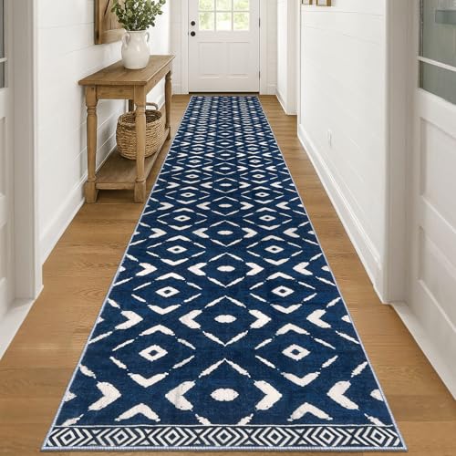 KILOCOCO Hallway Runner Rug 2.6'x18' Runners for Hallways Washable Runner Soft Non Slip Printed Geometric Low-Pile Rugs Runners for Bedroom Kitchen Living Room Boho Rugs, Blue