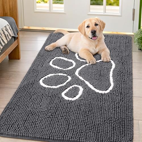 Image of Smiry Dog Door Mat for Muddy Paws, Absorbent Dirt Trapper Non Slip Quick Dry Washable Chenille Mat for Mud Dogs, Entry Rug for Indoor and Outdoor (44x32 Inches, Dark Grey and White)