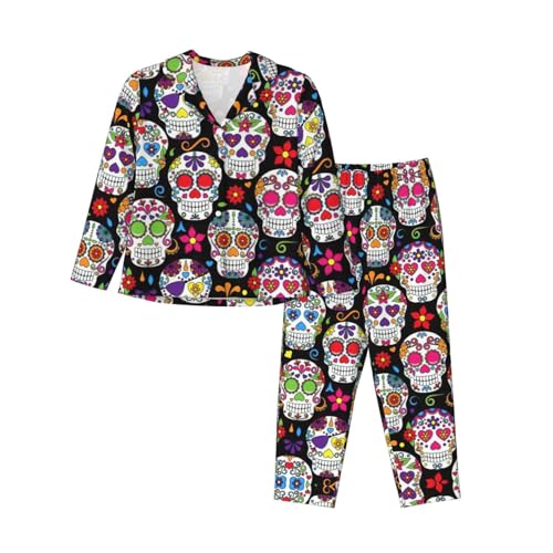 asbwuo Pijama de Manga Larga con Calaveras de azúcar para Mujer, Suave, con Botones y Bolsillos Laterales.