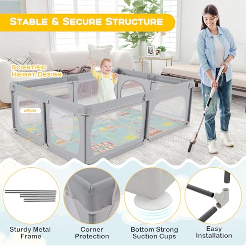 COSTWAY Baby Playpen, 206 x 147cm Extra Large Toddler Fence with Mat, Ocean Balls, Pull Rings, Breathable Mesh, Indoor Outdoor Infants Activity Play Yard for Babies and Toddlers - Image 6