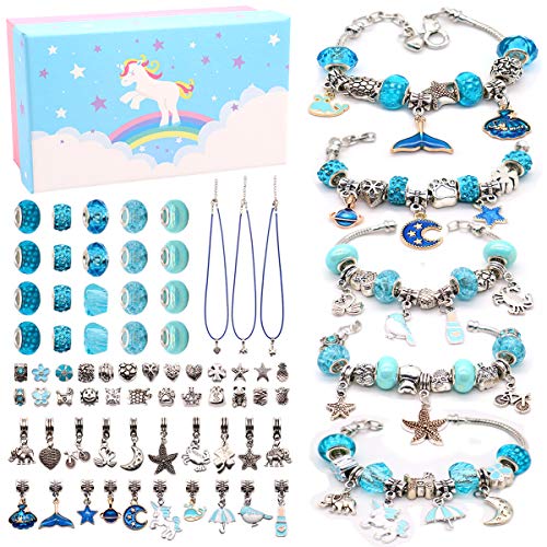 Blue Charm Bracelets Making Kit for Girls,73Pcs Jewelry Making Supplies Unicorn Mermaid Crafts Beads Bracelets,DIY Necklace Jewelry Making Kits Gifts for Kids Teens Age 7-12 with Cute Horse Gift Box