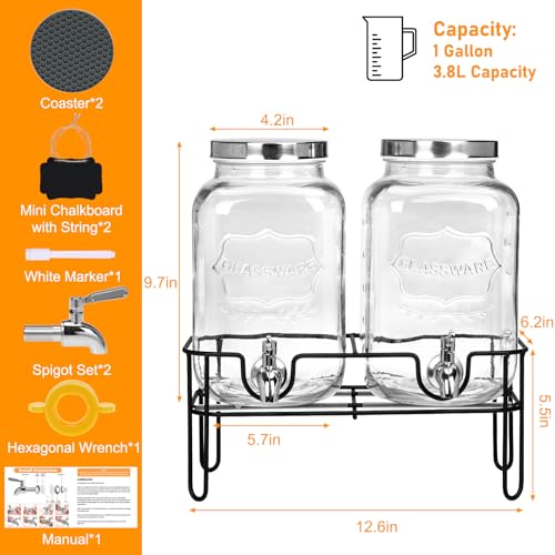 Moretoes 2 Gallon Glass Drinks Dispenser for Parties, 2 PACK Beverage Dispenser with Stand for Juice and Iced Tea, Water Jug Dispenser for Lemonade, Party Essential Beverage Pitcher with Spout by Moretoes - Used condition - Image 2