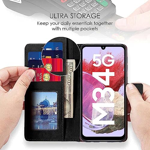 Image of WOW IMAGINE Shock Proof Flip Cover Back Case Cover for Samsung Galaxy M34 5G | F34 5G (Flexible | Leather Finish | Card Pockets Wallet & Stand | Black)