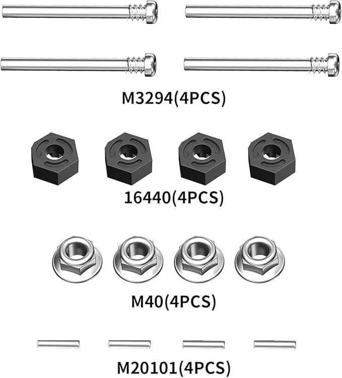 Jetwood RC Car Accessories Wheel Hex, Pins, M4 Lock Nut, Round Head Half Thread Screws, Spare Parts RC Vehicle Accessories for All 1/14, 1/16 Scale, KS002