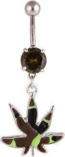 Piercing para ombligo de acero quirúrgico, diseño de hojas, color marrón y negro, con circonita cúbica verde oliva, Circonia cúbica, Circonia cúbica