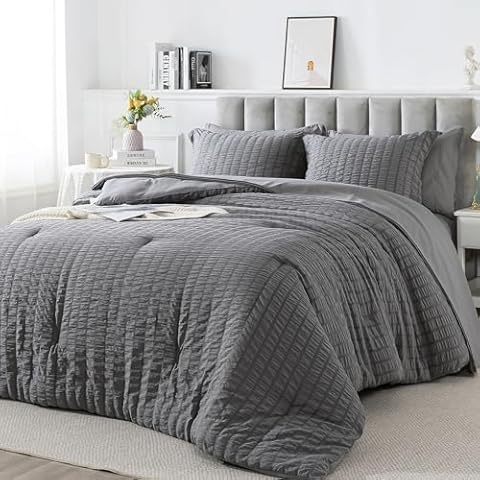 HYLEORY King Size Seersucker Comforter Set - 7 Pieces Reversible Comforters Bedding Sets, All Season Bed in a Bag with Comforter, Sheets, Pillowcases & Shams Grey Cover