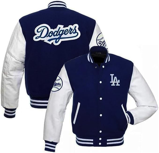 Men’s Los Angeles College Lettermen Varsity Bomber Style Jacket Team Jersey Blue and White Sleeves