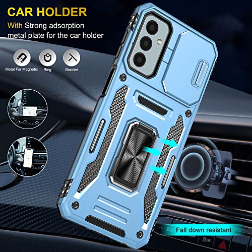 Image of Polycarbonate Slide Camera Cover with Ring Holder Mobile Phone Back Cover for Samsung Galaxy M13 4G (Blue)