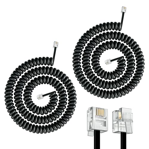 Hawpasy 2PCS Telephone Cable Cord Black Coiled Telephone RJ9 Coiled Phone Cable Handset Cable Cord for Landline Phones Handsets and Extension, extension cable