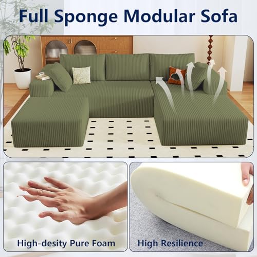 Image of 96 inch Modular Sectional Sofa with Ottoman, Modern Corduroy Cloud Couch with Deep Seat, Boneless Couch Upholstered 3-Seater U-Shaped Sofa for Living Room, No Assembly (Green, Right-Facing Chaise)