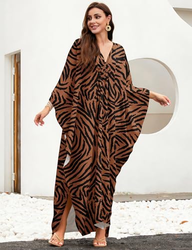 Image of MAKABO Kaftan Dresses for Women, V Neck Moo Moos Colorful Print Cover Ups Caftan Beach Dresses for Swimwear