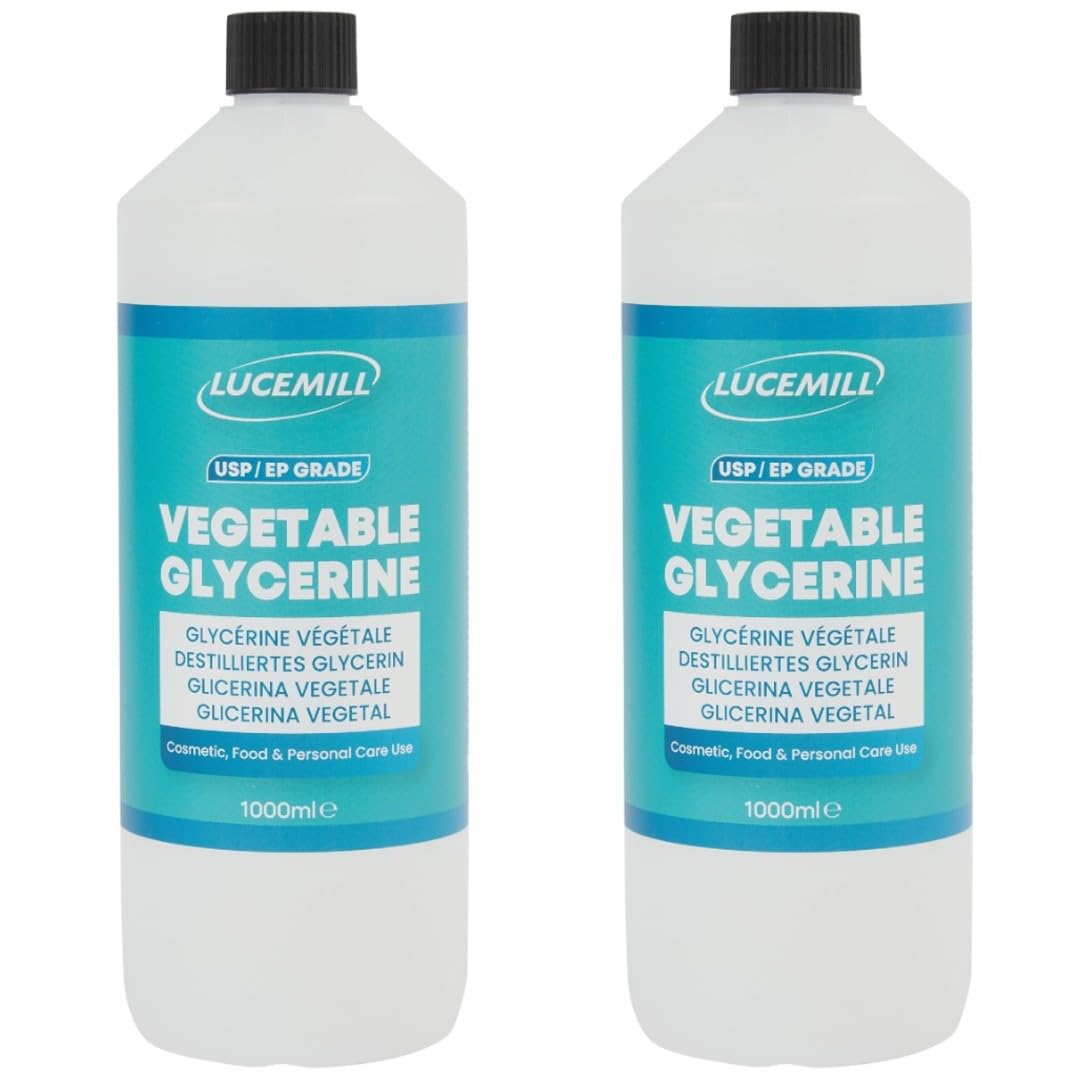 Lucemill Vegetable Glycerin (VG) I 2 x 1 Litre I 99.5% High Purity Glycerine for Skin, Hair, Food Grade, Baking & Cleaning I Organic, Non-GMO I BP/EP Pharmaceutical Grade Glycerine
