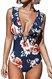 CUPSHE Women's Falbala One Piece Swimsuit Deep V Neck Monokini Swimsuit
