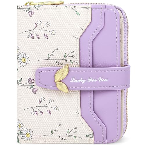 Cute Purple Flower Wallet for Women Small Kawaii Coin Purse with ID Window Compact Lightweight and Stylish Design Cash Wallet for Ladies