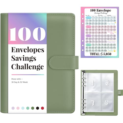 Sooez 100 Envelopes Money Saving Challenge, Savings Challenges Book with Envelopes, Flexible Saving $5050, $2600, $300, Savings Binder with 100 Pocket Pre-Number & Reusable Laminated Tracker