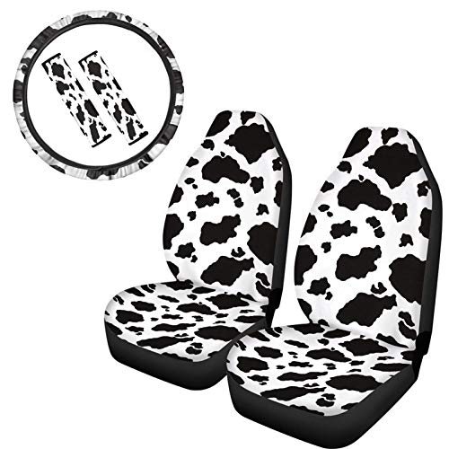 Dreaweet White Cow Print Cute Car Front Seat Covers+ Steering Wheel Cover+ Seat Belt Pads 5 Pcs Universal Car Interior Decorative Accessories Cow Spots Lover Print Great Gifts For Women Men #TOP21