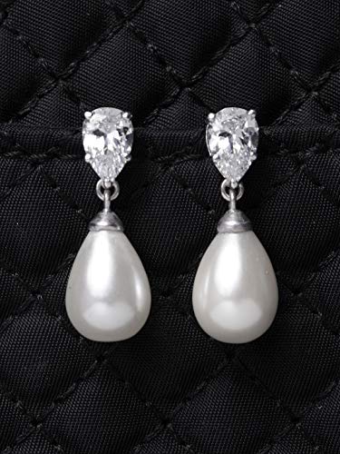 Image of CLARA 925 Sterling Silver Pearl Earrings Gift for Women & Girls | Swiss Zirconia | Screw Back | Minimal Daily Wear | Platinum Plated