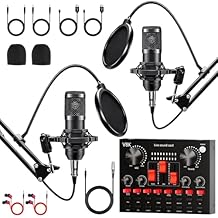 Podcast Equipment Bundle for 2, Recording Studio Package with V8K Sound Card & Mixer, Music Recording Equipment with Condenser Microphone Perfect for Recording, Singing, Streaming and Gaming Black