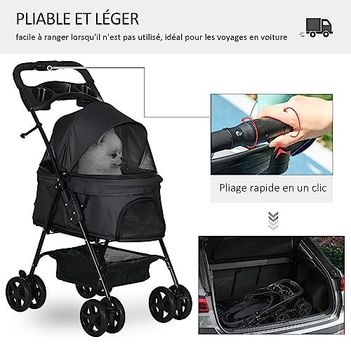 PawHut Buggy faltbar Hund Katze Korb Aufbewahrung Getränkehalter Stoff 300D Oxford wasserdicht 4 Räder schwarz