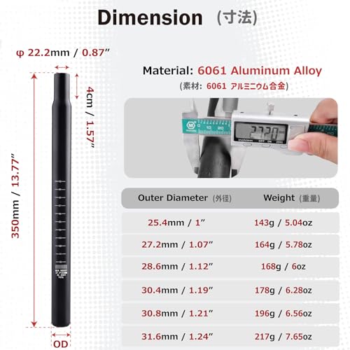 image for Azarxis Bike Seatpost, 25.4mm 27.2mm 28.6mm 30.4mm 30.8mm 31.6mm x 350