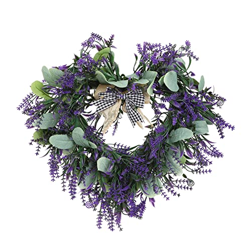 RNCOZE 16.92 Inch Handmade Lavender Wreath for Front Door, Heart Shaped Lavender Flower Garland Swag, Spring Wreath for Wall Window Wedding Decor, Multicolor, 43 x 48cm