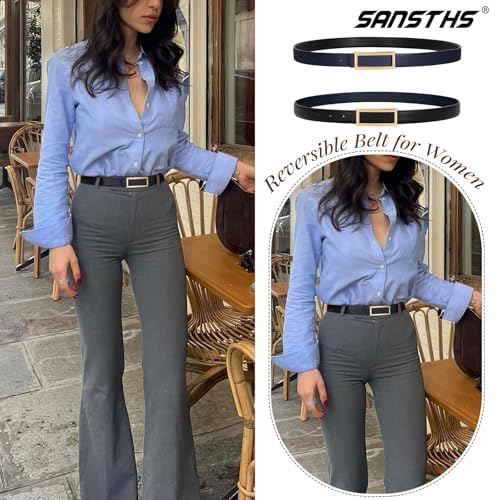 SANSTHS Skinny Reversible Belts for Women, Two-in-one Women Thin Belt for Dresses Jeans Pants with Gold Buckle