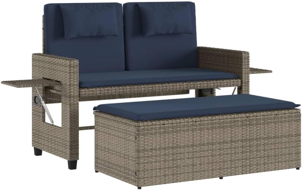 vidaXL Reclining Patio Bench with Cushions, Outdoor Loveseat Furniture, Garden Bench with Stool for Patio Balcony, Modern Style, Gray Poly Rattan