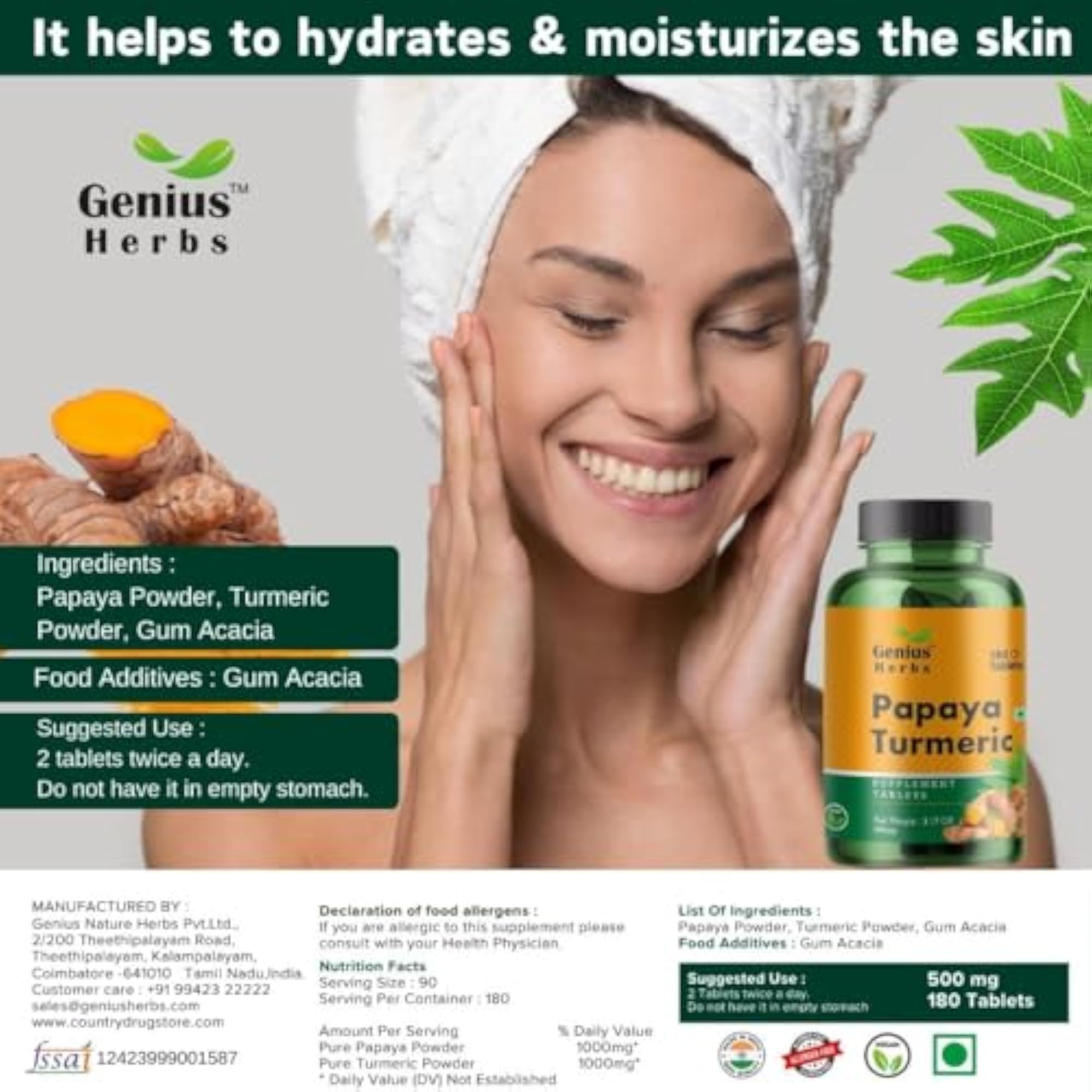 Genius Herbs Papaya Turmeric Tablets 1000 mg, 180 Count