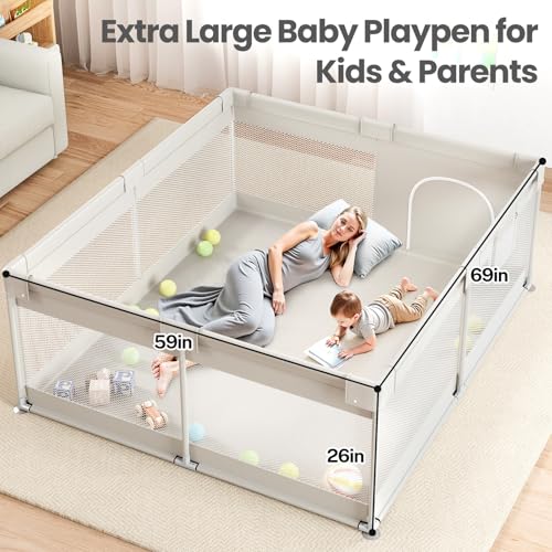 Image of ZEEBABA Extra Large Baby Playpen - Playpen for Babies and Toddlers, Play Pen with Gate, Play Yard Baby Fence Play Area Zone Indoor, Sturdy Kids Play Pin (Gray, 69x59in)