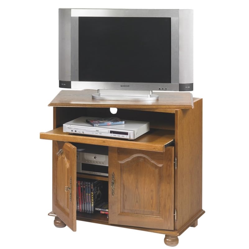 Meuble TV 32 Pouces Chêne Plateau Pivotant et Coulissant L 82 H 77 P 46.5 cm