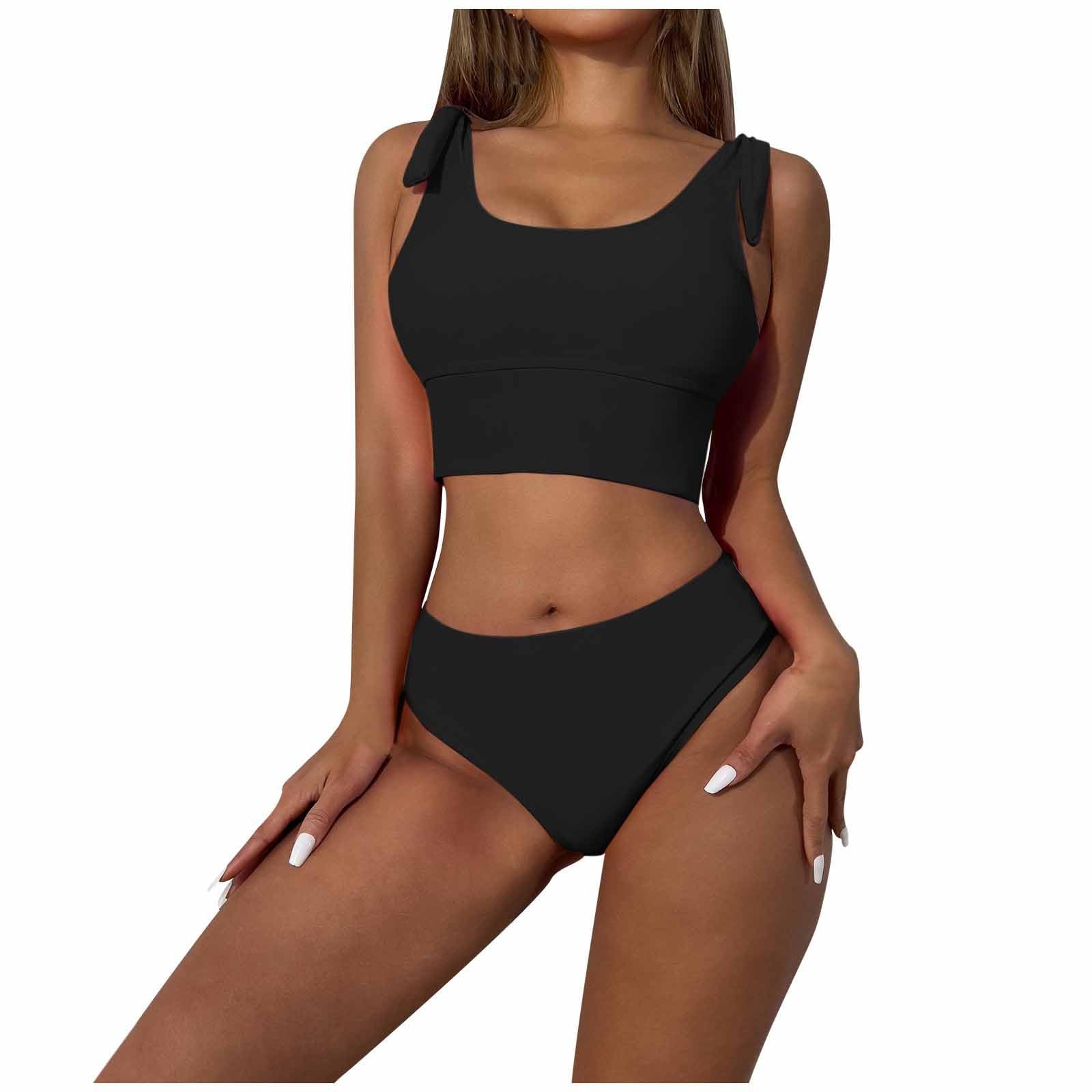 Womens Bikini Swimsuit Tie Shoulder Solid Color Swimwear High Waist 2 Piece Bathing Suit Crop Tank Top with